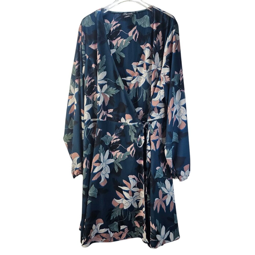 City Chic Women Teal Luna Wrap Dress Floral Long Sleeve Size L/20 V Neck